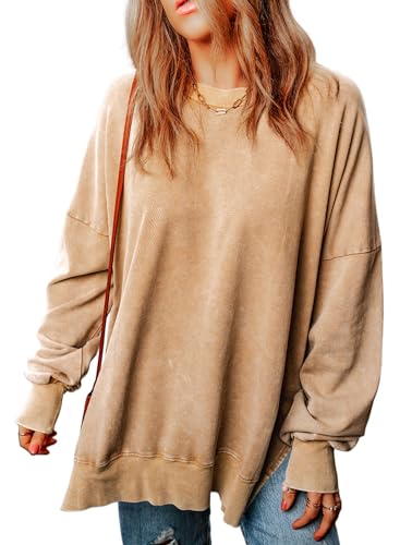 Dokotoo Pullover Damen Sweatshirt Rundhals Oversize Langarmshirt Shirts Oberteil Herbst Winter Baumwolle Longpullover Pulli, Khaki, L von Dokotoo