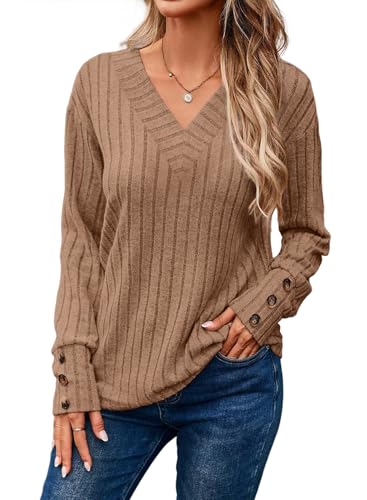 Dokotoo Pullover Damen V-Ausschnitt Langarm Shirts Leichte Strickpullover Herbst Lässige Oberteile Pulli Tops, Khaki, XL von Dokotoo