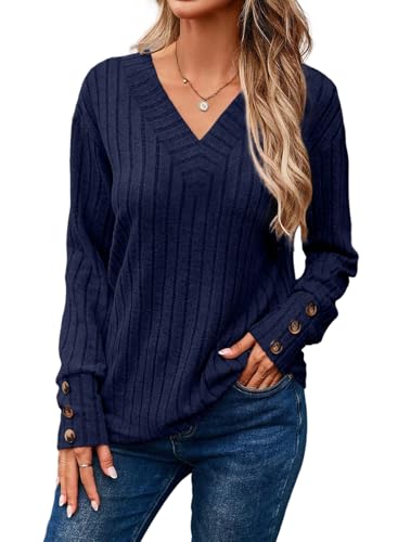 Dokotoo Pullover Damen V-Ausschnitt Langarm Shirts Leichte Strickpullover Herbst Lässige Oberteile Pulli Tops, blau, XL von Dokotoo