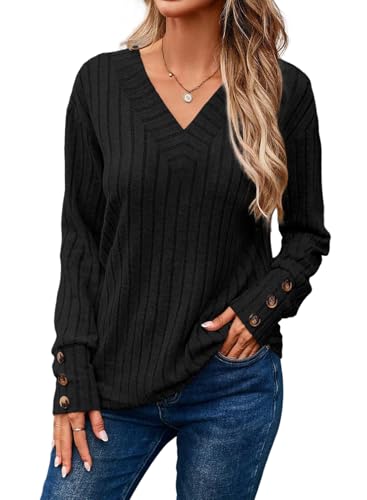 Dokotoo Pullover Damen V-Ausschnitt Langarm Shirts Leichte Strickpullover Herbst Lässige Oberteile Pulli Tops, schwarz, XL von Dokotoo