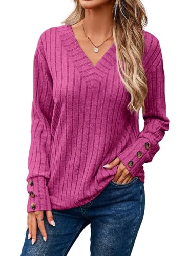 Dokotoo Pullover Damen V-Ausschnitt Langarmshirt Leichte Strickpullover Elegant Herbst Winter Oberteile Pulli Tops, Rose, L von Dokotoo