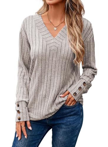 Dokotoo Pullover Damen V-Ausschnitt Langarmshirt Leichte Strickpullover Elegant Herbst Winter Oberteile Pulli Tops, pergament, L von Dokotoo