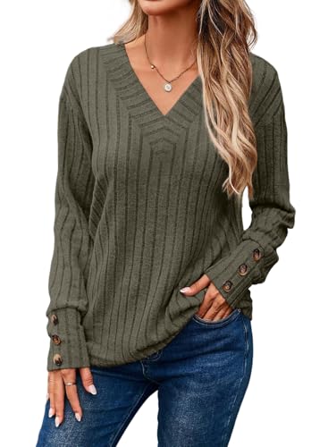 Dokotoo Pullover Damen V-Ausschnitt Langarmshirt Leichte Strickpullover Herbst Winter Lässige Oberteile Pulli Tops, grün, M von Dokotoo