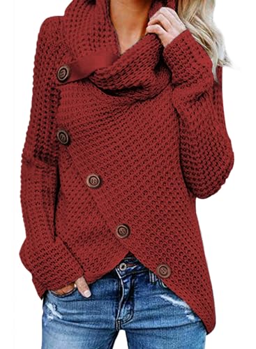 Dokotoo Pullover Damen Winter Langarm Elegant Rollkragenpullover Strickpullover Lässig Pullis Sweater Rollkragen Winterpullover Rot L von Dokotoo