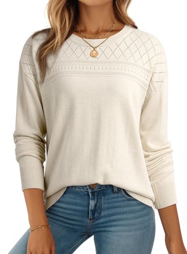 Dokotoo Pullover Damen Wolle Blend Strickpullover Elegant Rundhals Langarm Shirt Herbst Winter Basic Einfarbiger Pulli Sweater, weiß, M von Dokotoo