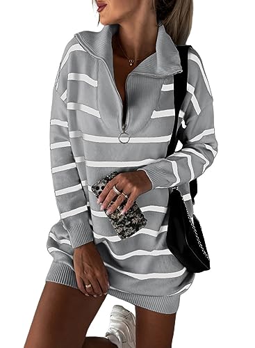 Dokotoo Pullover Kleider Damen Kleid Langarm Streifen Geringeltes Strickkleid Sexy Minikleid Herbst Winter Strick Sweater Reverskleid Reißverschluss Freizeitkleid Grau S von Dokotoo