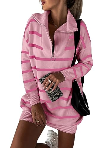 Dokotoo Pullover Kleider Damen Kleid Langarm Streifen Geringeltes Strickkleid Sexy Minikleid Herbst Winter Strick Sweater Reverskleid Reißverschluss Freizeitkleid Rosa L von Dokotoo