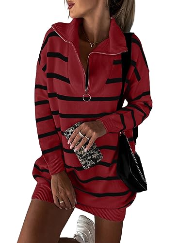 Dokotoo Pullover Kleider Damen Kleid Langarm Streifen Geringeltes Strickkleid Sexy Minikleid Herbst Winter Strick Sweater Reverskleid Reißverschluss Freizeitkleid Rot L von Dokotoo