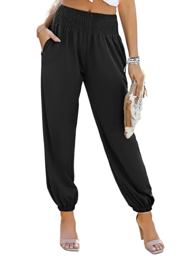 Dokotoo Sommerhose Damen Lässige Palazzo Hose Hosen mit Taschen Baggy Elastisch Stoffhose Einfarbig Freizeithose Jogginghose Schwarz XL von Dokotoo