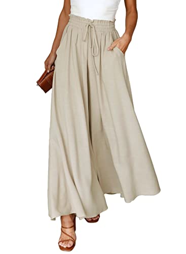 Dokotoo Sommerhose Damen Leicht Palazzo Hose Elegant Sommer High Waist Baggy Freizeithose Baumwolle Leinen Weite Hosen mit Taschen Kordelzug Elastisch Einfarbig Stoffhose Beige L von Dokotoo