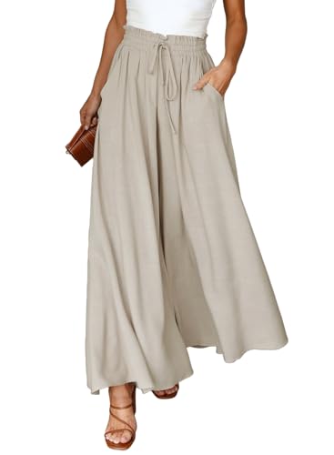 Dokotoo Sommerhose Damen Leicht Palazzo Hose Elegant Sommer High Waist Baggy Leinenhose Freizeithose Baumwolle Leinen Weite Hosen mit Taschen Kordelzug Elastisch Einfarbig Stoffhose Beige S von Dokotoo