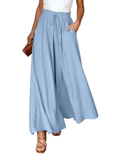 Dokotoo Sommerhose Damen Leicht Palazzo Hose Elegant Sommer High Waist Baggy Leinenhose Freizeithose Baumwolle Leinen Weite Hosen mit Taschen Kordelzug Elastisch Einfarbig Stoffhose Blau L von Dokotoo