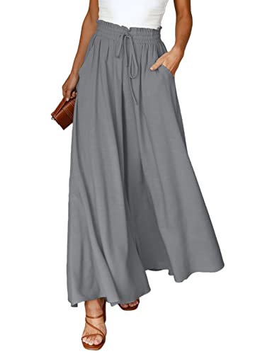 Dokotoo Sommerhose Damen Leicht Palazzo Hose Elegant Sommer High Waist Baggy Freizeithose Baumwolle Leinen Weite Hosen mit Taschen Kordelzug Elastisch Einfarbig Stoffhose Grau M von Dokotoo