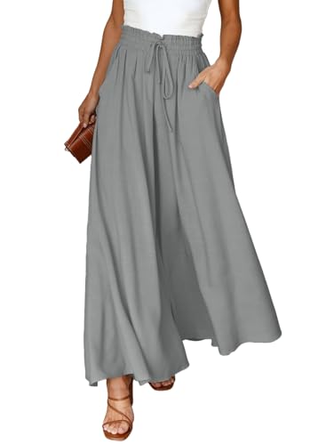 Dokotoo Sommerhose Damen Leicht Palazzo Hose Elegant Sommer High Waist Baggy Freizeithose Baumwolle Leinen Weite Hosen mit Taschen Kordelzug Elastisch Einfarbig Stoffhose Grau S von Dokotoo