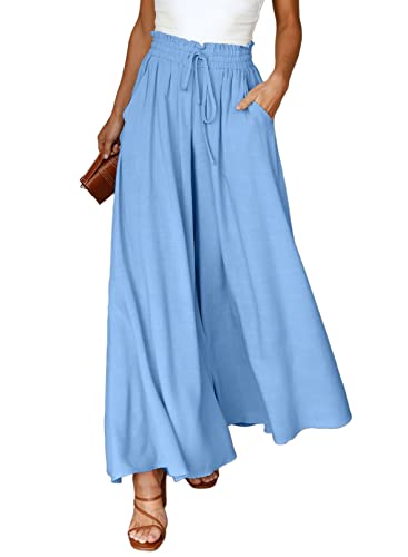 Dokotoo Sommerhose Damen Leicht Lässige Palazzo Hose High Waist Einfarbig Freizeithose Baumwolle Leinen Hosen mit Taschen Kordelzug Baggy Elastisch Stoffhose Blau L von Dokotoo