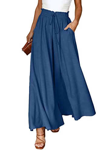 Dokotoo Sommerhose Damen Leicht Palazzo Hose Elegant Sommer High Waist Baggy Freizeithose Baumwolle Leinen Weite Hosen mit Taschen Kordelzug Elastisch Einfarbig Stoffhose Blau M von Dokotoo