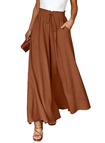 Dokotoo Sommerhose Damen Leicht Lässige Palazzo Hose High Waist Einfarbig Freizeithose Baumwolle Leinen Hosen mit Taschen Kordelzug Baggy Elastisch Stoffhose Braun L von Dokotoo