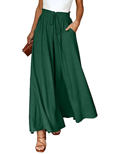 Dokotoo Sommerhose Damen Leicht Palazzo Hose Elegant Sommer High Waist Baggy Freizeithose Baumwolle Leinen Weite Hosen mit Taschen Kordelzug Elastisch Einfarbig Stoffhose Grün S von Dokotoo