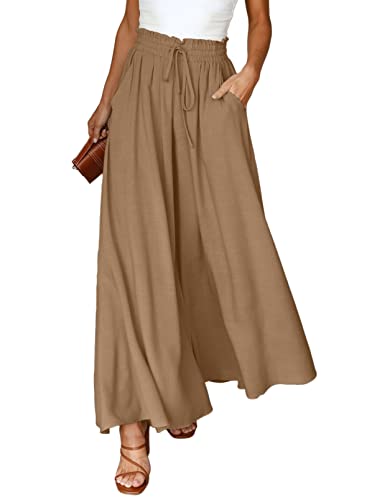 Dokotoo Sommerhose Damen Leicht Lässige Palazzo Hose High Waist Einfarbig Freizeithose Baumwolle Leinen Hosen mit Taschen Kordelzug Baggy Elastisch Stoffhose Khaki L von Dokotoo