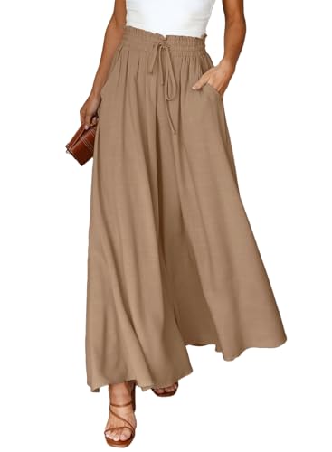 Dokotoo Sommerhose Damen Leicht Palazzo Hose Elegant Sommer High Waist Baggy Leinenhose Freizeithose Baumwolle Leinen Weite Hosen mit Taschen Kordelzug Elastisch Einfarbig Stoffhose Khaki M von Dokotoo