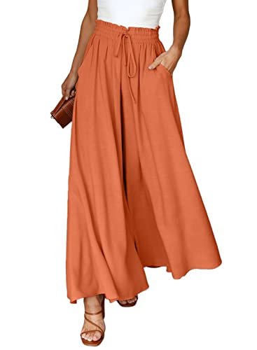 Dokotoo Sommerhose Damen Leicht Palazzo Hose Elegant Sommer High Waist Baggy Freizeithose Baumwolle Leinen Weite Hosen mit Taschen Kordelzug Elastisch Einfarbig Stoffhose Rot L von Dokotoo