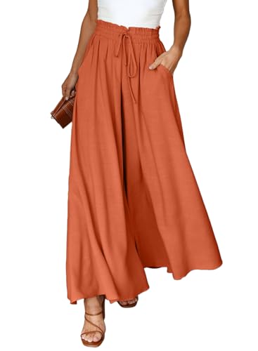 Dokotoo Sommerhose Damen Leicht Palazzo Hose Elegant Sommer High Waist Baggy Leinenhose Freizeithose Baumwolle Leinen Weite Hosen mit Taschen Kordelzug Elastisch Einfarbig Stoffhose Rot XL von Dokotoo