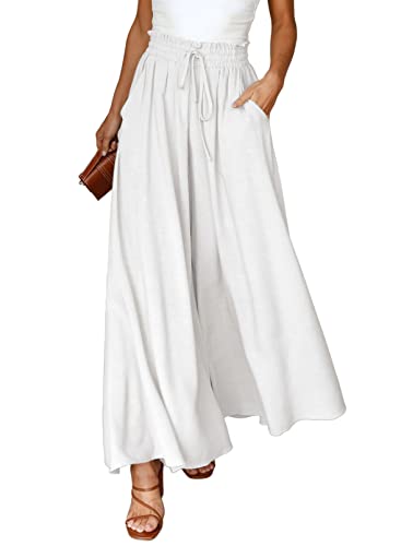 Dokotoo Sommerhose Damen Leicht Lässige Palazzo Hose High Waist Einfarbig Freizeithose Baumwolle Leinen Hosen mit Taschen Kordelzug Baggy Elastisch Stoffhose Weiß M von Dokotoo