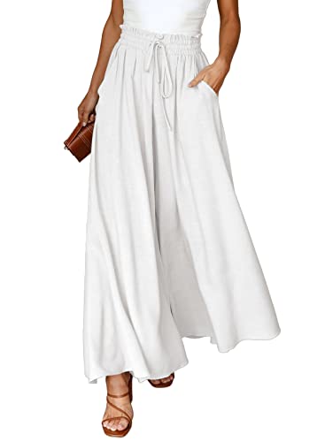 Dokotoo Sommerhose Damen Leicht Palazzo Hose Elegant Sommer High Waist Baggy Leinenhose Freizeithose Baumwolle Leinen Weite Hosen mit Taschen Kordelzug Elastisch Einfarbig Stoffhose Weiß S von Dokotoo