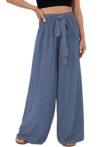 Dokotoo Sommerhose Damen Leicht Leinenhose Elegant High Waist Palazzo Hose Sommer Musselin Stoffhose Luftige Freizeithose Strandhose mit Taschen, blau, L von Dokotoo