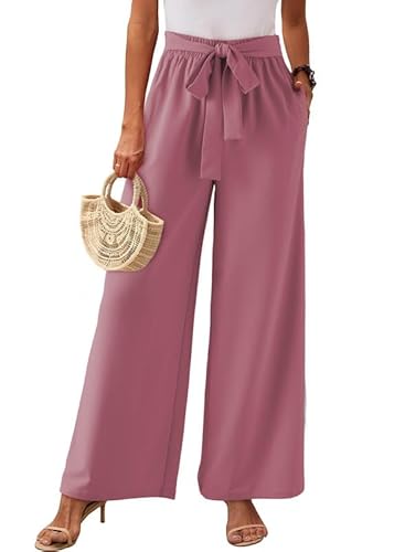 Dokotoo Sommerhose Damen Leicht Leinenhose Elegant High Waist Palazzo Hose Sommer Musselin Stoffhose Luftige Freizeithose Strandhose mit Taschen, rosenbräune, L von Dokotoo