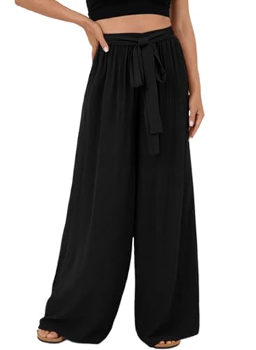 Dokotoo Sommerhose Damen Leicht Leinenhose Musselin Hose Casual High Waist Palazzo Hose Sommer Luftige Stoffhose Freizeithose mit Taschen, schwarz, S von Dokotoo