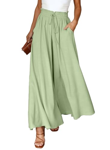 Dokotoo Sommerhose Damen Leicht Palazzo Hose Elegant Sommer High Waist Baggy Leinenhose Freizeithose Baumwolle Leinen Weite Hosen mit Taschen Kordelzug Elastisch Einfarbig Stoffhose Grün S von Dokotoo