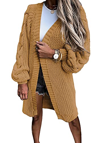 Dokotoo Strickjacke Damen Lang Cardigan Grobstrick Strickmantel Strickpullover Casual Locker Pullover Mantel Jacke für Herbst Winter L, Gelb von Dokotoo