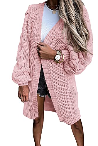 Dokotoo Strickjacke Damen Lang Cardigan Grobstrick Strickmantel Strickpullover Casual Locker Pullover Mantel Jacke für Herbst Winter L, Rosa von Dokotoo