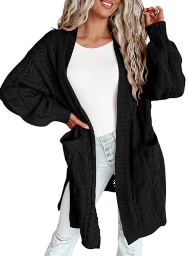 Dokotoo Strickjacke Damen Lang Cardigan Zopfmuster Offener Strickmantel Herbst Winter Casual Grobstrick-Cardigan, schwarz, XL von Dokotoo