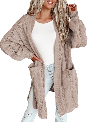 Dokotoo Strickjacke Damen Lang Cardigan Zopfmuster Offener Strickmantel Herbst Winter Casual Grobstrickjacke, Aprikose, S von Dokotoo