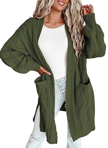 Dokotoo Strickjacke Damen Lang Grobstrick Cardigan Zopfmuster Offener Strickmantel Herbst Winter Casual Strickcardigan, grün, M von Dokotoo