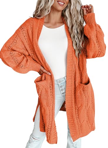 Dokotoo Strickjacke Damen Lang Grobstrick Cardigan Zopfmuster Offener Strickmantel Herbst Winter Casual Strickcardigan, rot, M von Dokotoo