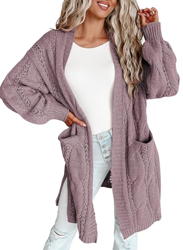 Dokotoo Strickjacke Damen Lang Grobstrick Cardigan Zopfmuster Offener Strickmantel Herbst Winter Casual Strickpullover, lila, L von Dokotoo