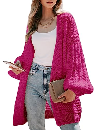 Dokotoo Strickjacke Damen Lang Grobstrick Offener Cardigan Casual Locker Laternenärmel Strickmantel Winter Warm Grobstrickjacke, Rose, L von Dokotoo