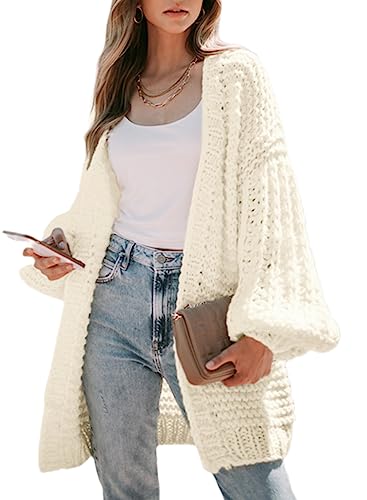 Dokotoo Strickjacke Damen Lang Grobstrick Offener Cardigan Casual Locker Laternenärmel Strickmantel Winter Warm Grobstrickjacke, weiß, M von Dokotoo