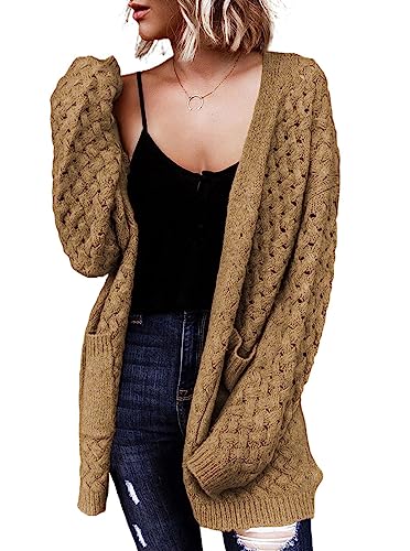 Dokotoo Strickjacke Damen Lang Offener Cardigan Elegant Zopfmuster Langarm Strickmantel Herbst Winter Warm Strickpullover, Khaki, L von Dokotoo