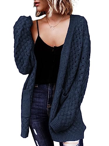 Dokotoo Strickjacke Damen Lang Offener Cardigan Elegant Zopfmuster Langarm Strickmantel Herbst Winter Warm Strickpullover, blau, M von Dokotoo