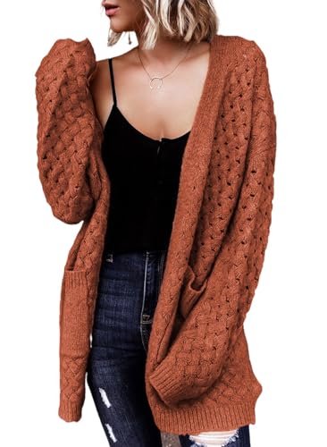 Dokotoo Strickjacke Damen Lang Offener Cardigan Elegant Zopfmuster Langarm Strickmantel Herbst Winter Warm Strickpullover, braun, XXL von Dokotoo