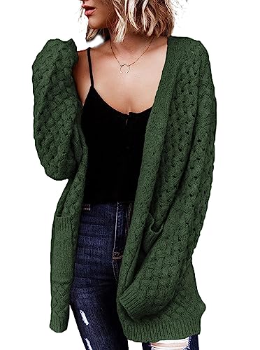 Dokotoo Strickjacke Damen Lang Offener Cardigan Elegant Zopfmuster Langarm Strickmantel Herbst Winter Warm Strickpullover, grün, L von Dokotoo