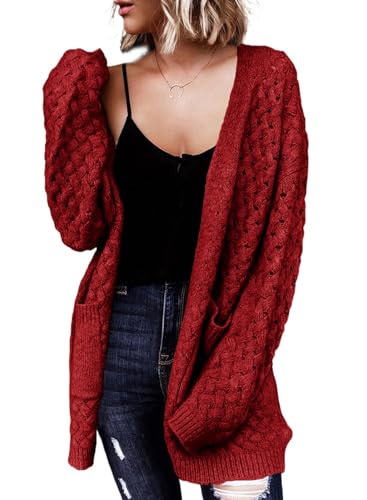 Dokotoo Strickjacke Damen Lang Offener Cardigan Elegant Zopfmuster Langarm Strickmantel Herbst Winter Warm Strickpullover, rot, L von Dokotoo