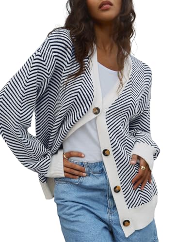 Dokotoo Strickjacke Damen Langarm V-Ausschnitt Streifen Strickjacken Herbst Elegant Kurz Strickpullover Knopfleiste Open Front Strick Cardigan Baumwolle Sweater Blau M von Dokotoo