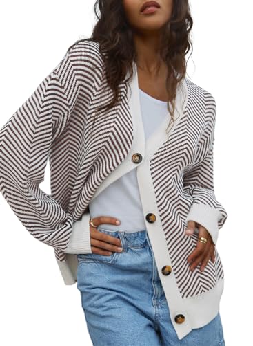 Dokotoo Strickjacke Damen Langarm V-Ausschnitt Streifen Strickjacken Herbst Elegant Kurz Strickpullover Knopfleiste Open Front Strick Cardigan Baumwolle Sweater Braun 2XL von Dokotoo