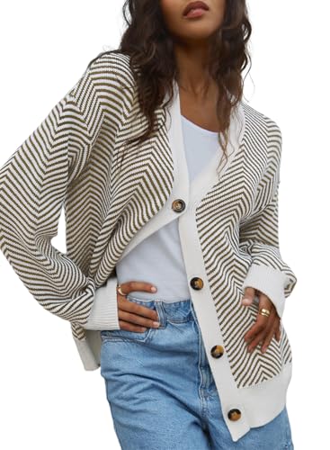 Dokotoo Strickjacke Damen Langarm V-Ausschnitt Streifen Strickjacken Herbst Elegant Kurz Strickpullover Knopfleiste Open Front Strick Cardigan Baumwolle Sweater Khaki 2XL von Dokotoo