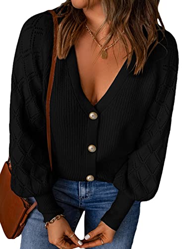 Dokotoo Strickjacke Damen V-Ausschnitt Cardigan Casual Einfarbig Kurz Strickmantel Pullover Herbst Winter Strickpullover Jacke mit Knopf, schwarz, L von Dokotoo